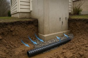 Cross-section diagram of a residential french drain system at foundation footing level