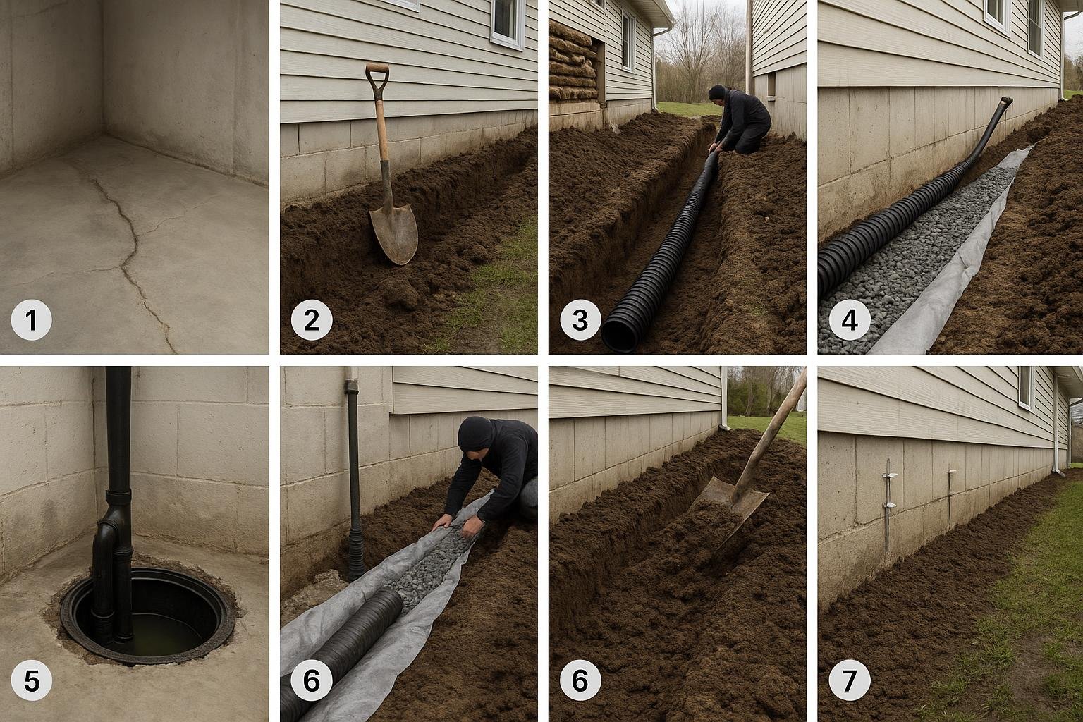 Seven-step numbered process diagram for professional french drain installation