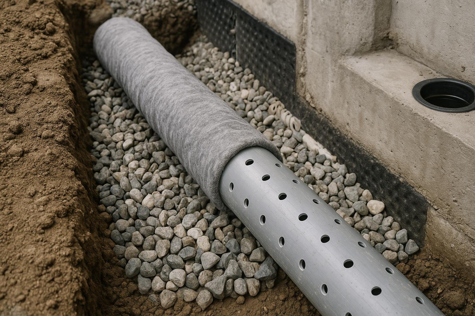 Perforated pipe wrapped in geotextile fabric inside a gravel-filled drainage trench
