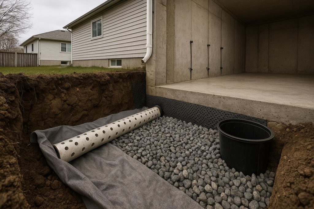 Cross-section diagram of a French drain assembly at foundation footing level