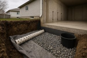 Cross-section diagram of a French drain assembly at foundation footing level