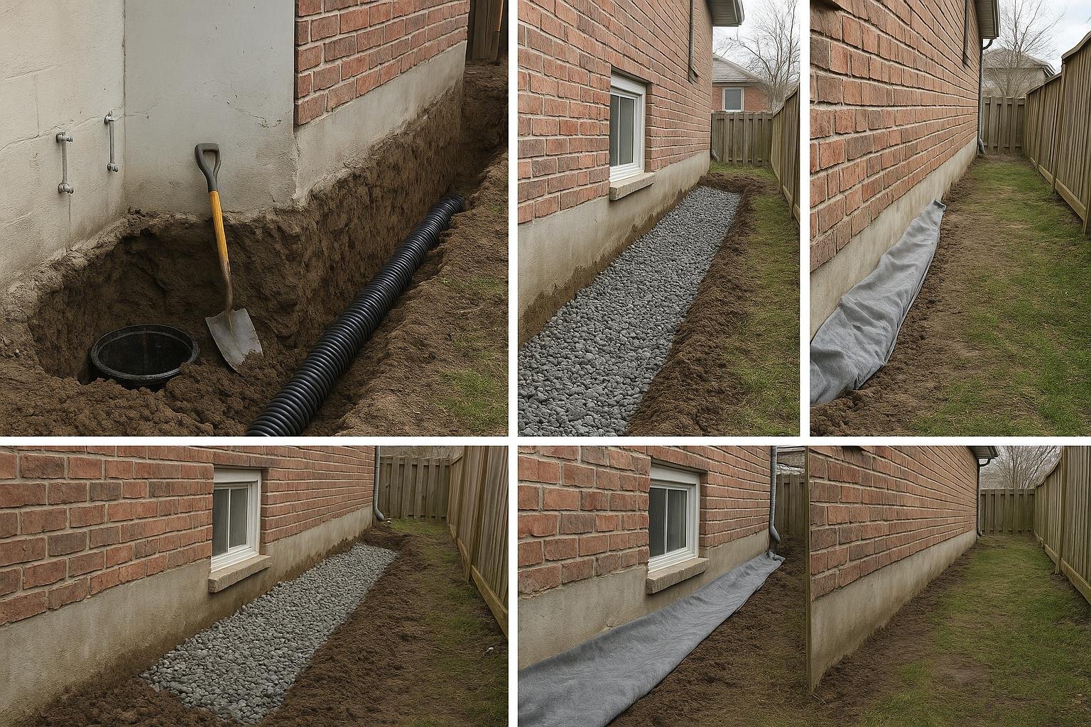 Seven-step process illustration for a residential French drain remodel