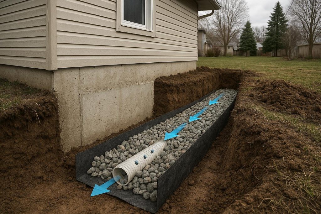 Cross-section diagram of a french drain system beside a residential foundation