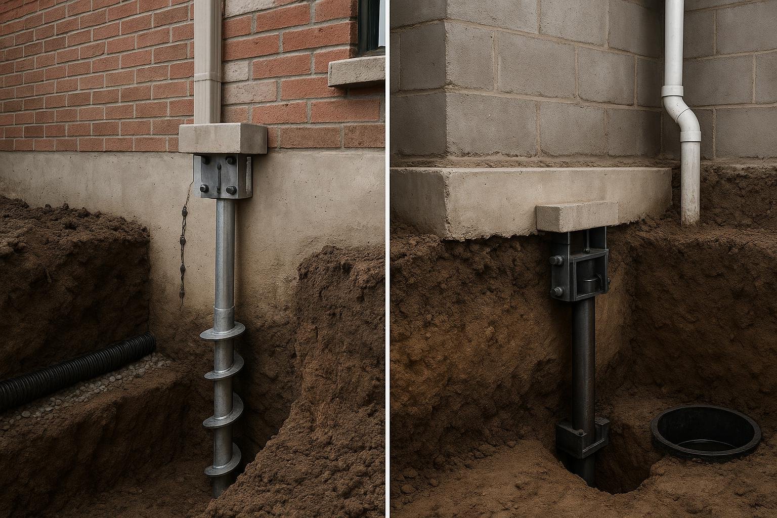 Helical pier and push pier installation beside foundation footings in cutaway soil view
