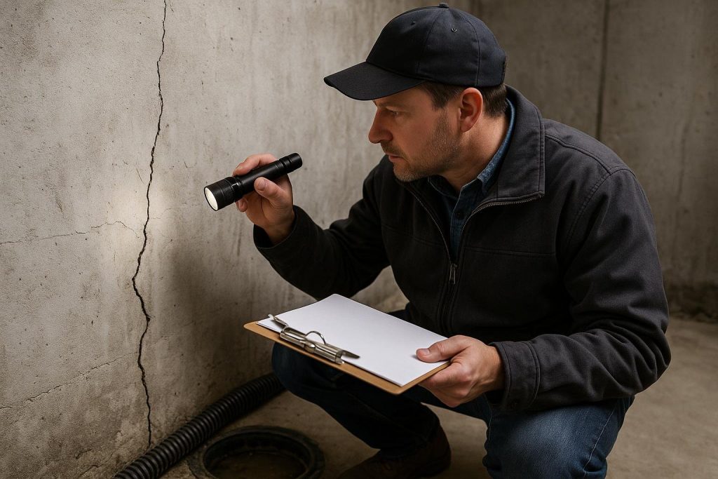 Home inspector examining a foundation crack in a basement wall