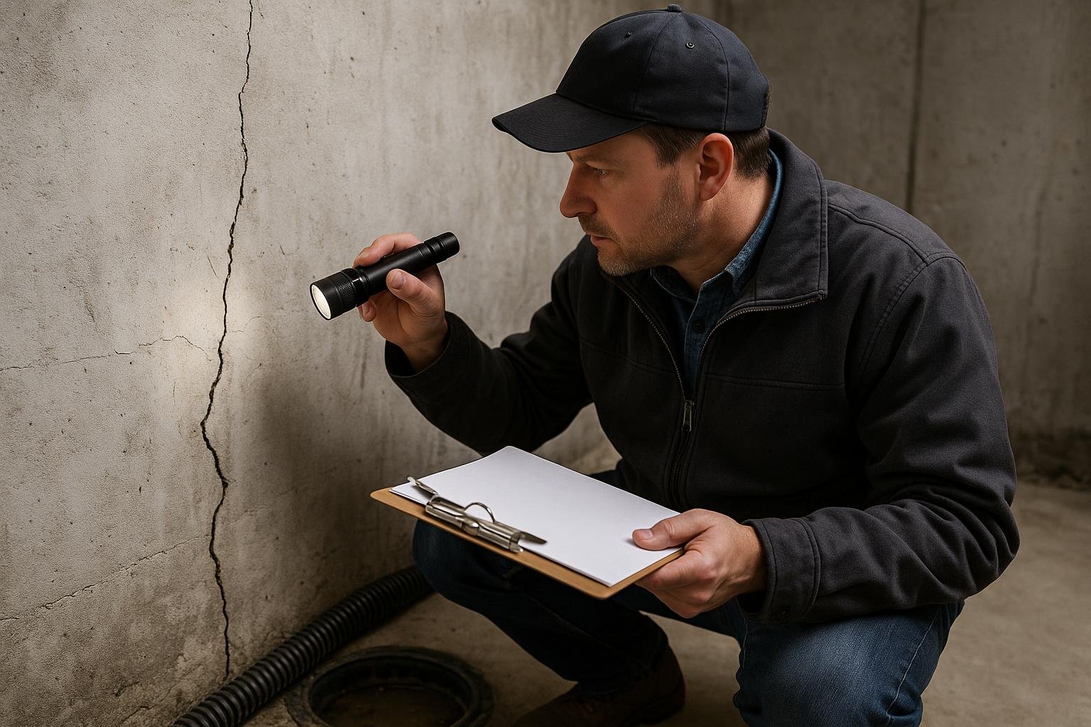 Home inspector examining a foundation crack in a basement wall