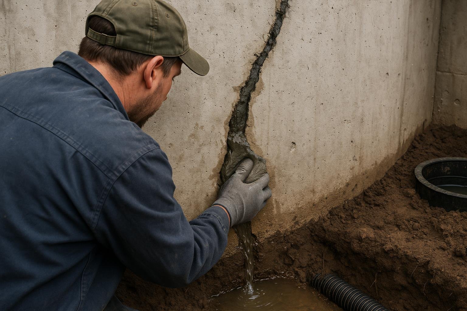 Technician applying hydraulic cement to an actively leaking foundation wall crack