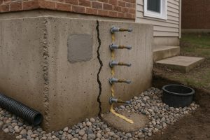 Cross-section diagram comparing hydraulic cement patch and crack injection in a foundation wall