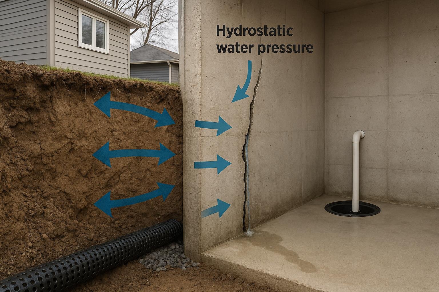 Illustration of hydrostatic pressure forcing water through a vertical basement wall crack