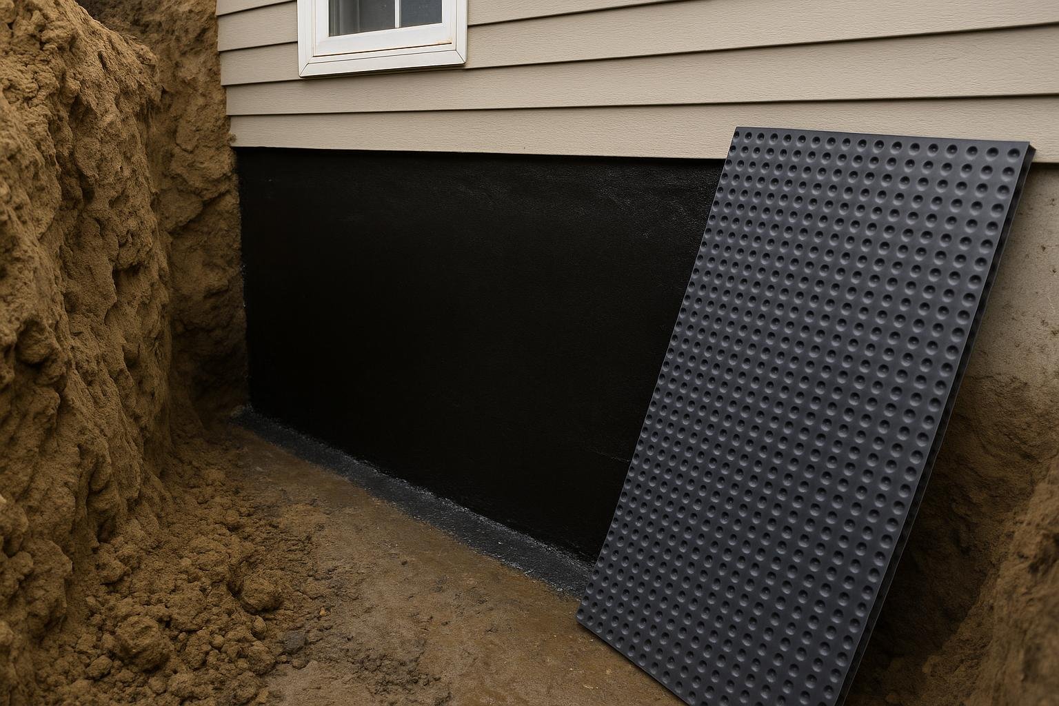 Excavated foundation wall beside an Innisfil home showing clay soil and new waterproofing membrane