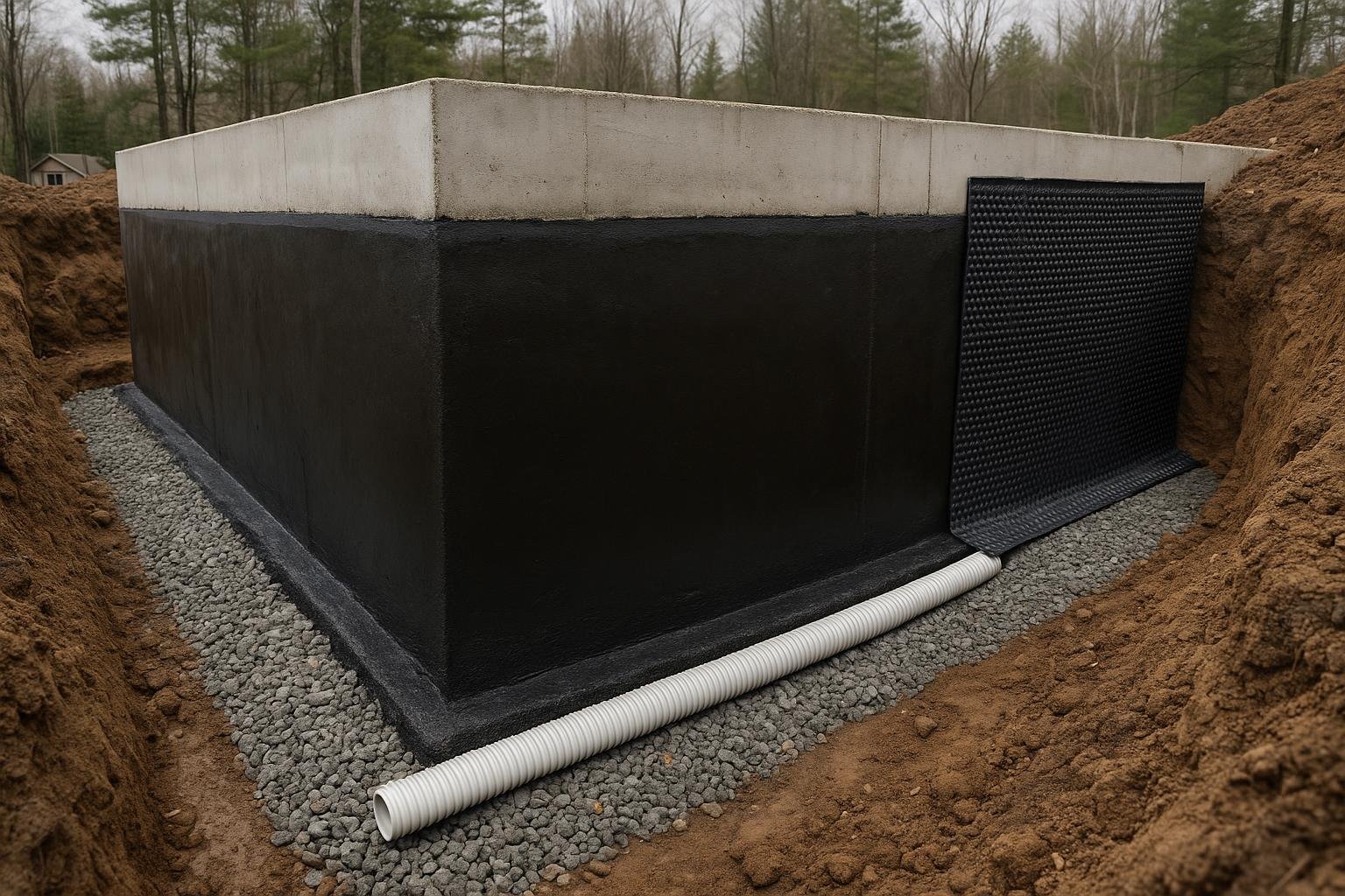 Excavated foundation wall beside an Innisfil home showing rubberised membrane and weeping tile installation