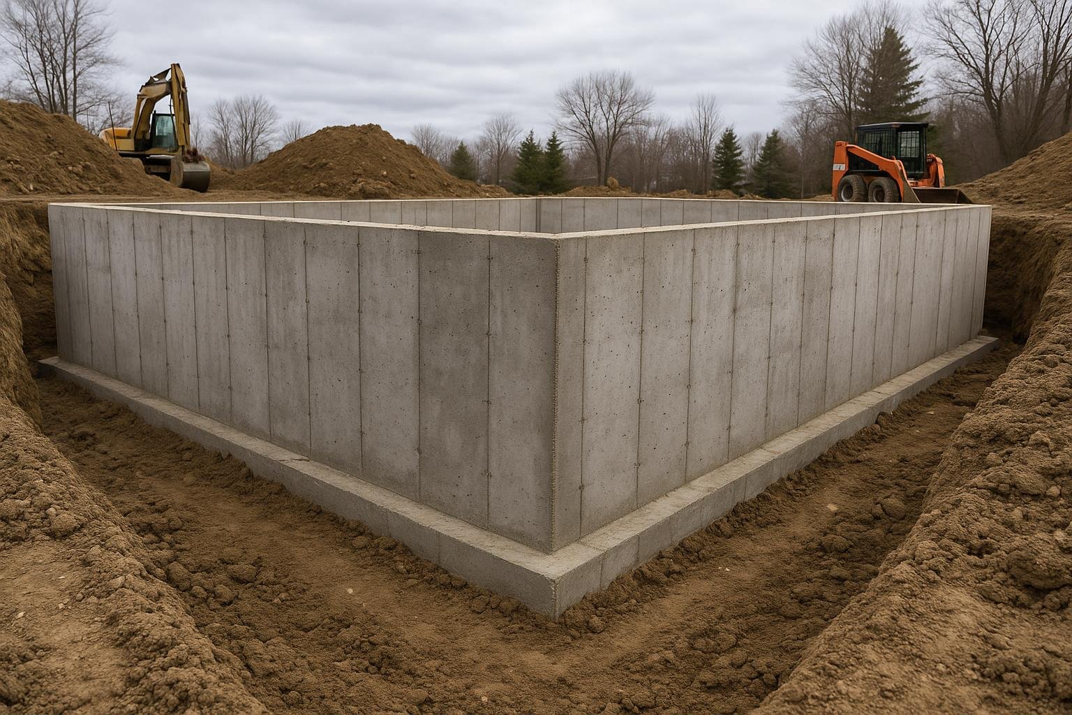 Excavation beside an Innisfil home foundation exposing the footing and bare concrete wall for waterproofing