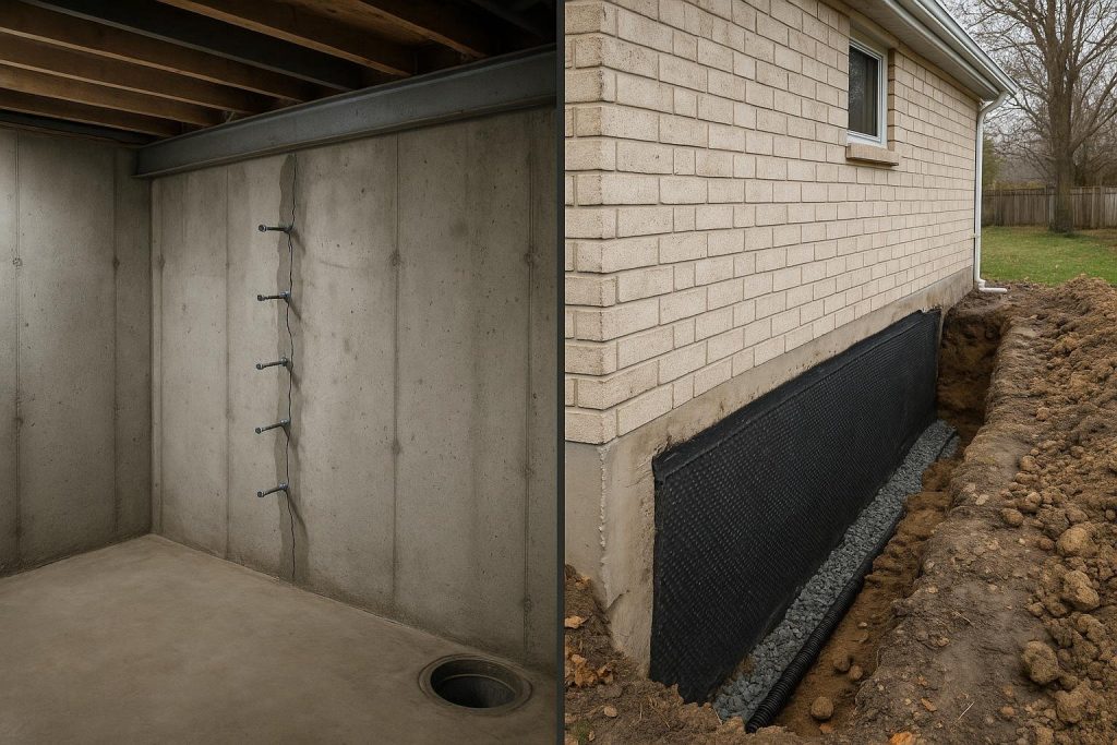 Interior crack injection ports beside an excavated exterior foundation wall with membrane