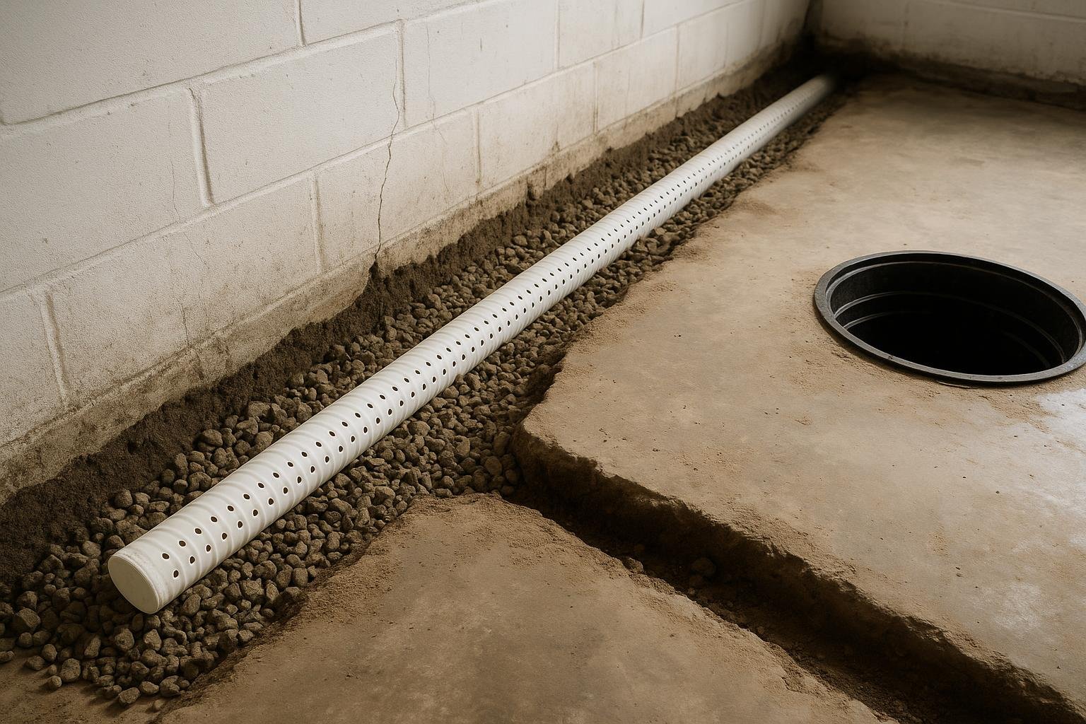 Interior perimeter drainage channel with perforated pipe installed in basement floor