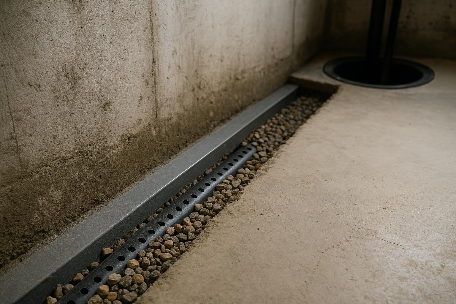 Interior perimeter drainage channel and sump pit at basement floor-wall joint