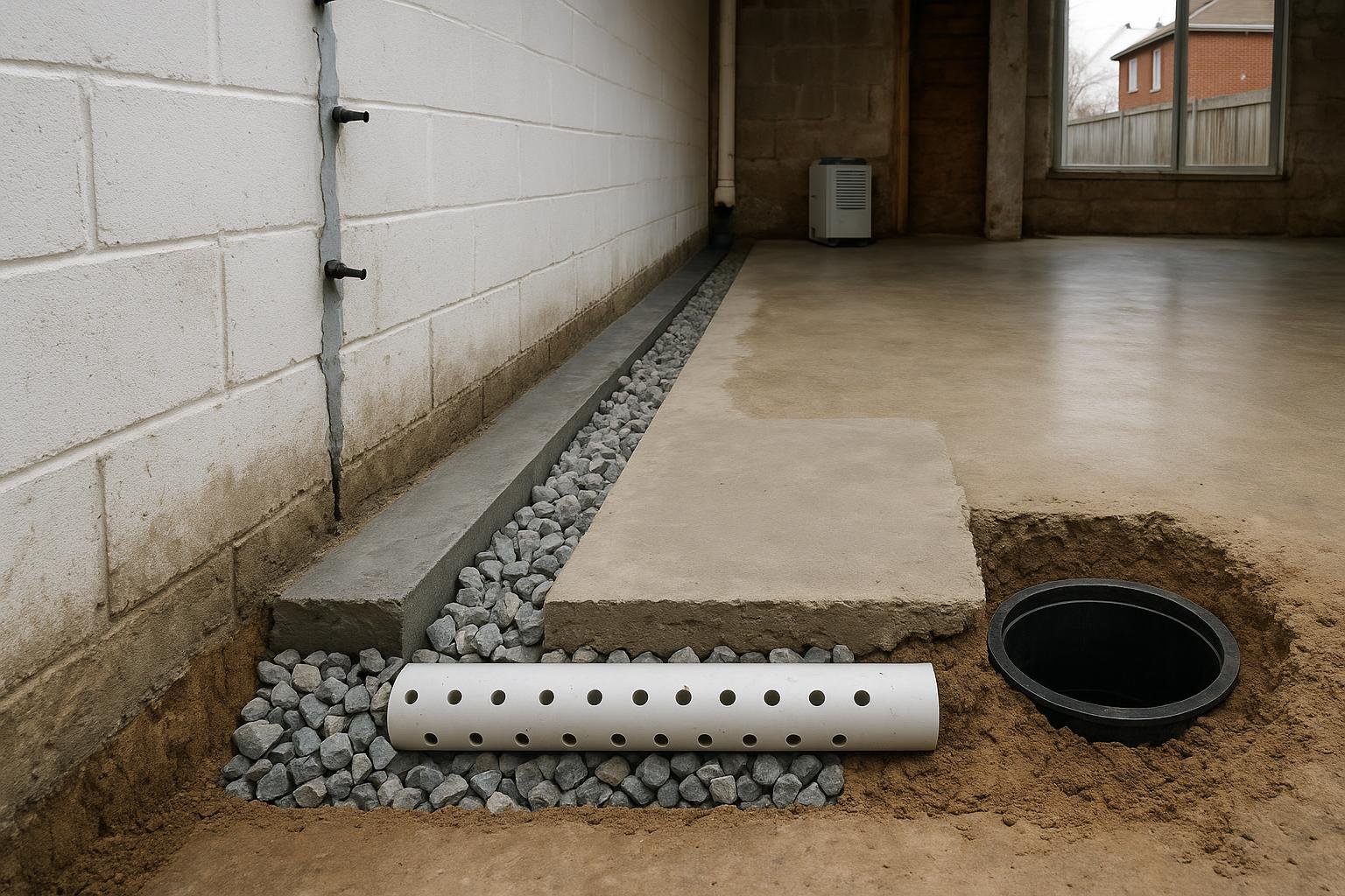 Interior perimeter drainage channel installation cross-section in a basement floor