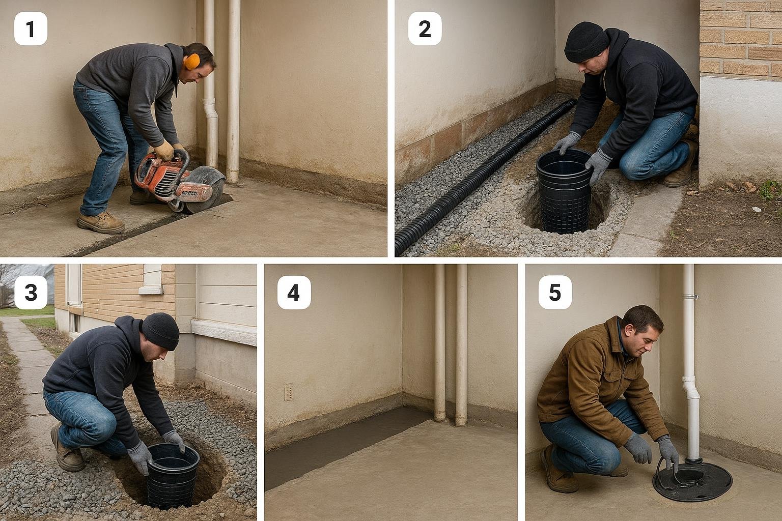 Five-step interior perimeter french drain installation process illustration