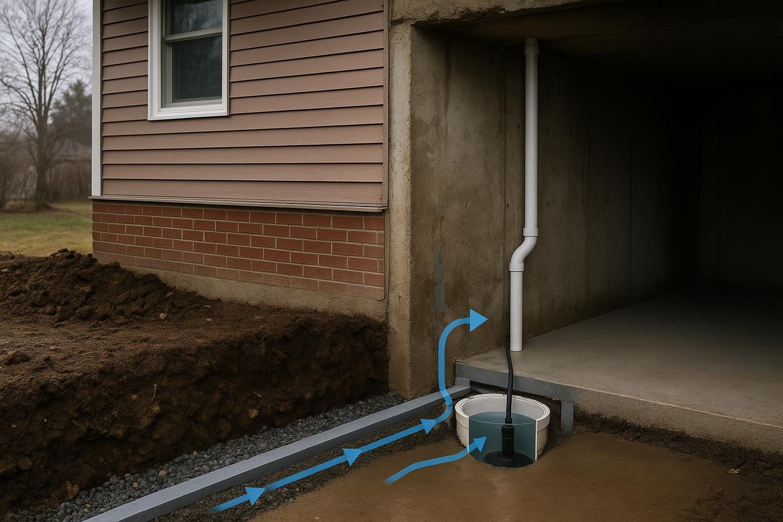 Cross-section showing interior perimeter drain connected to sump pit in Ontario home