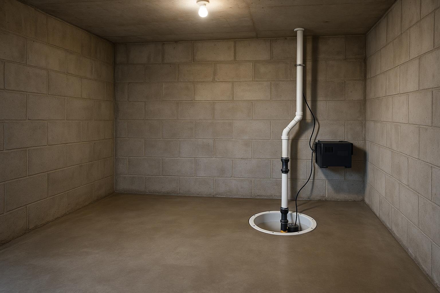Newly installed sump pump basin in a concrete cottage basement floor with battery backup unit beside it