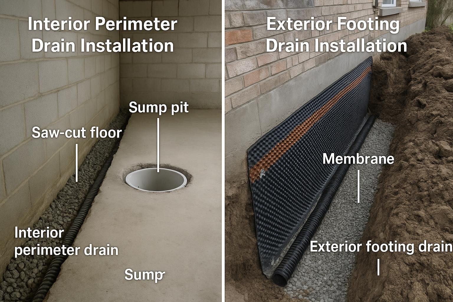 Diagram comparing interior perimeter drain and exterior footing drain installations