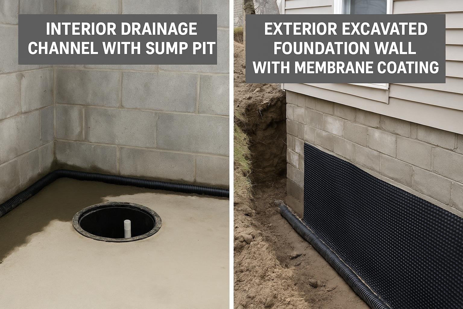 Side-by-side comparison of interior drainage system and exterior waterproofing membrane