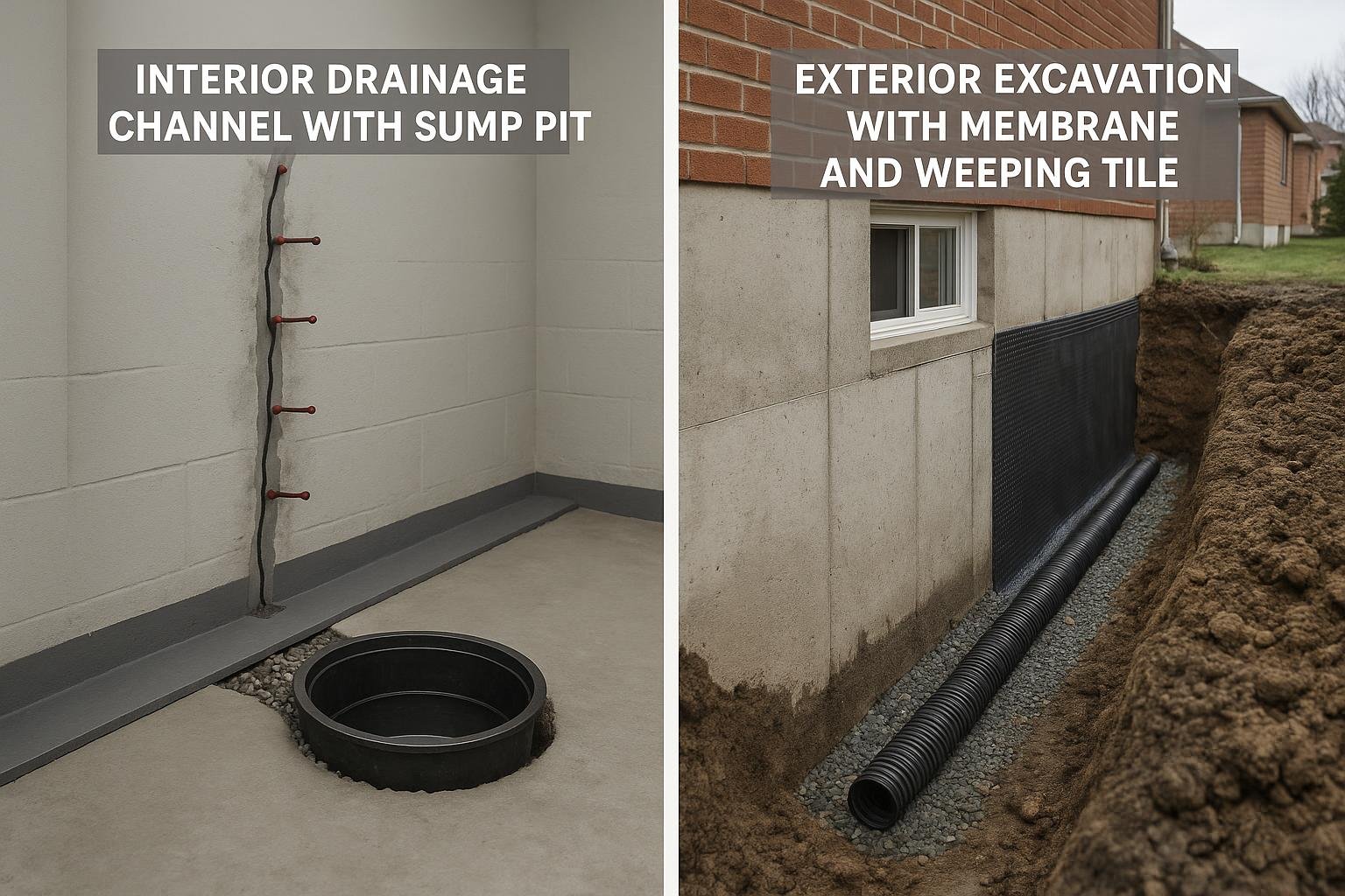 Split diagram comparing interior drainage system and exterior waterproofing membrane methods