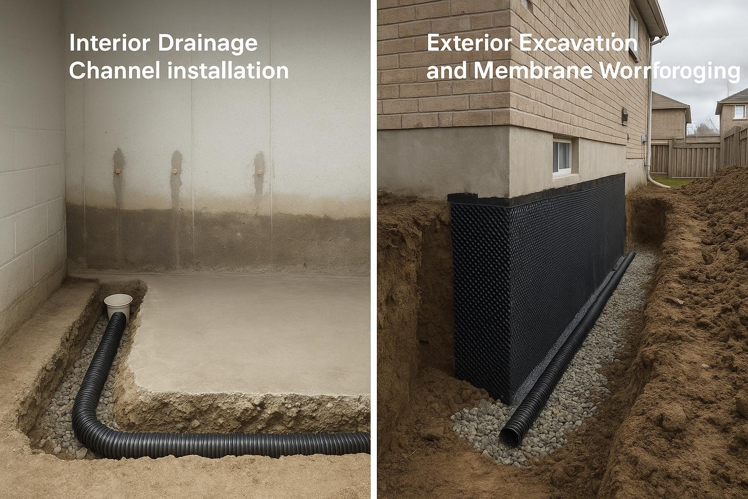 Cross-section diagram comparing interior and exterior basement waterproofing methods