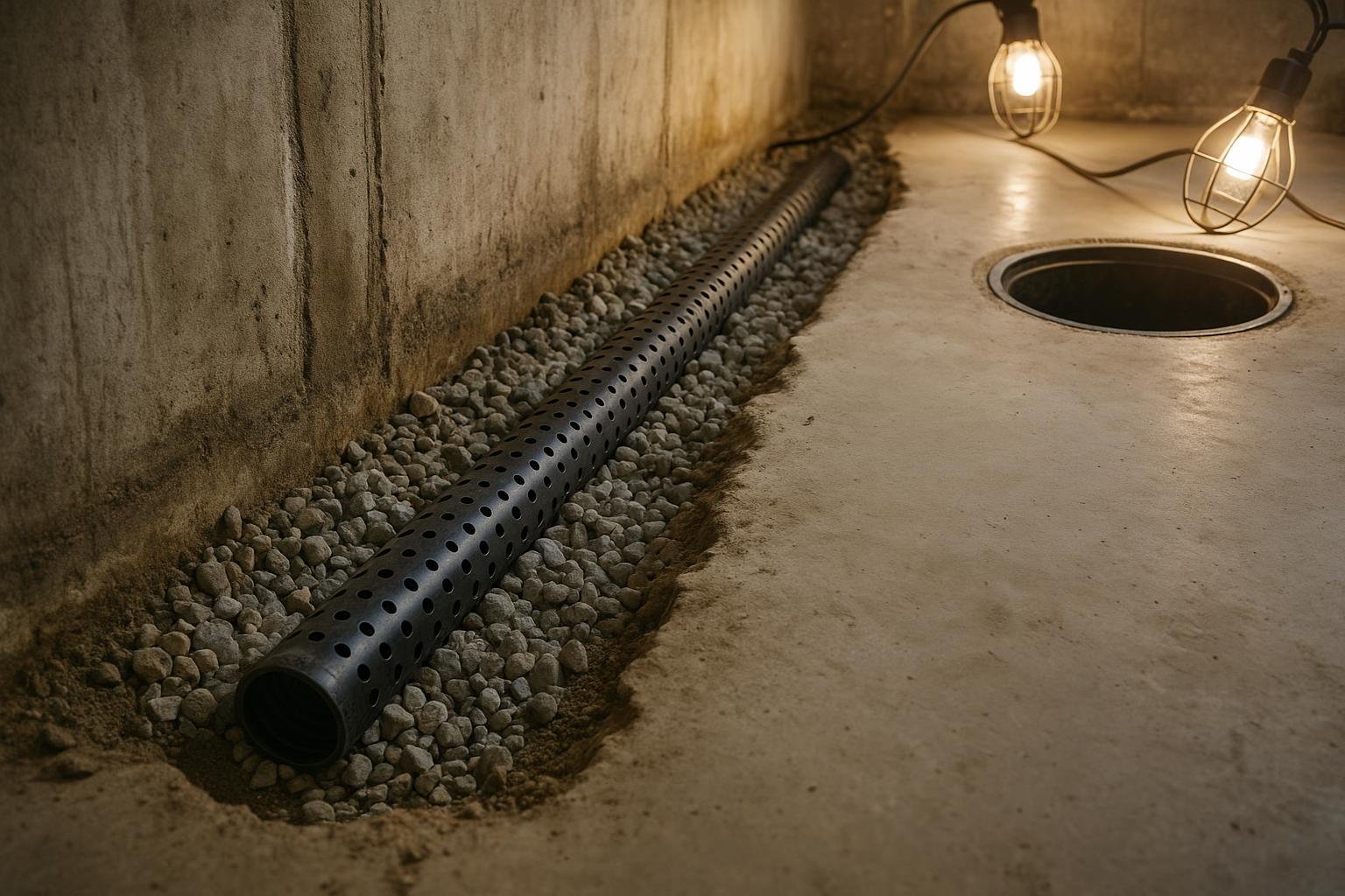 Interior weeping tile trench being installed along the perimeter of a concrete basement floor in Ontario