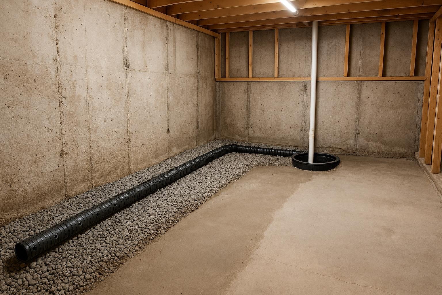 Interior basement perimeter trench with new weeping tile pipe and clear stone leading to a sump basin