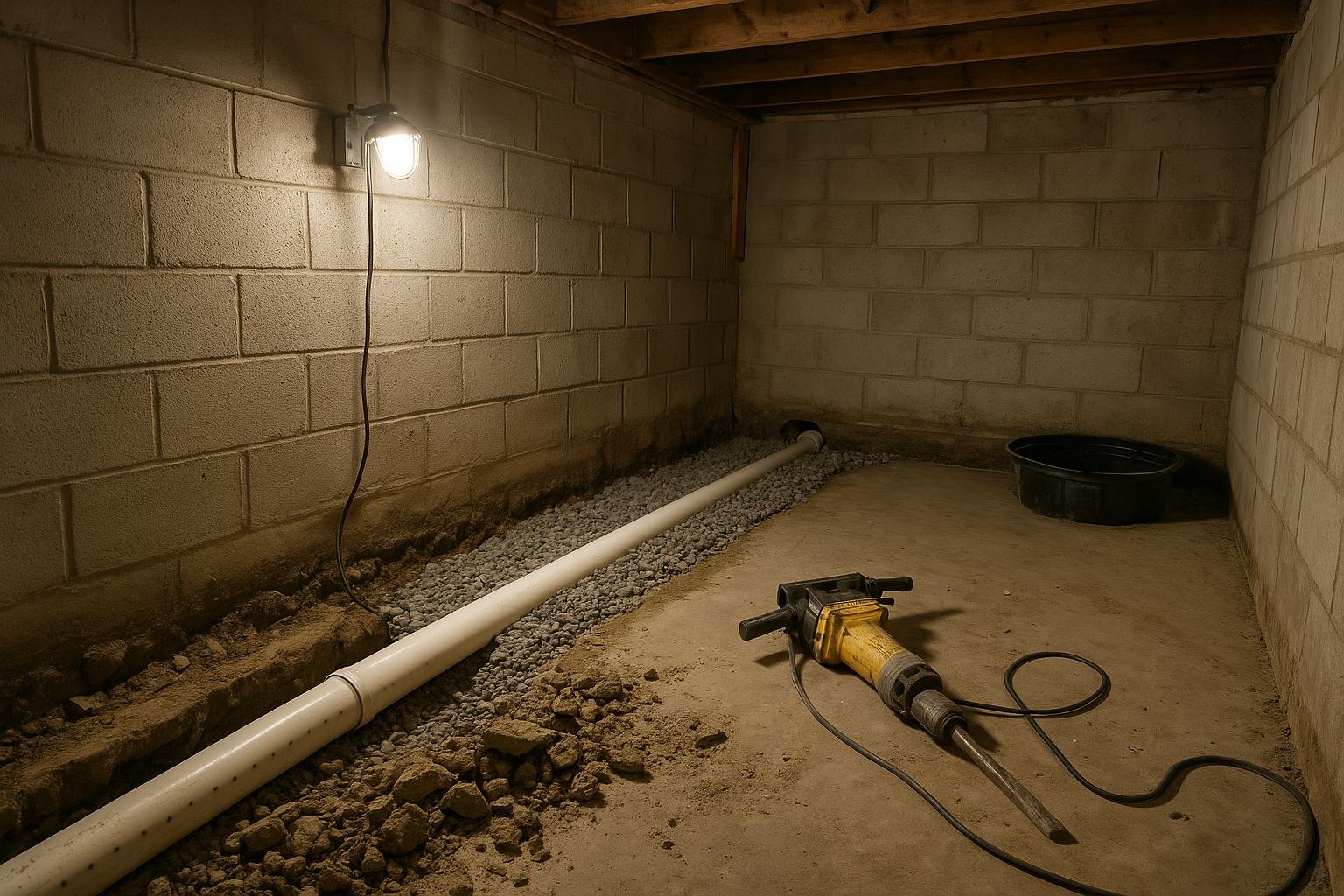 Interior basement weeping tile channel cut in concrete slab with perforated pipe leading to a sump basin