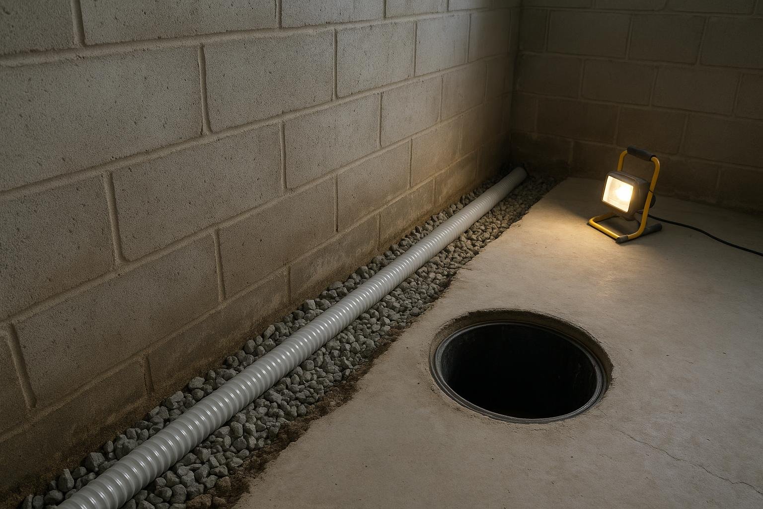 Interior weeping tile pipe laid in clear stone beside a basement footing leading to a sump basin