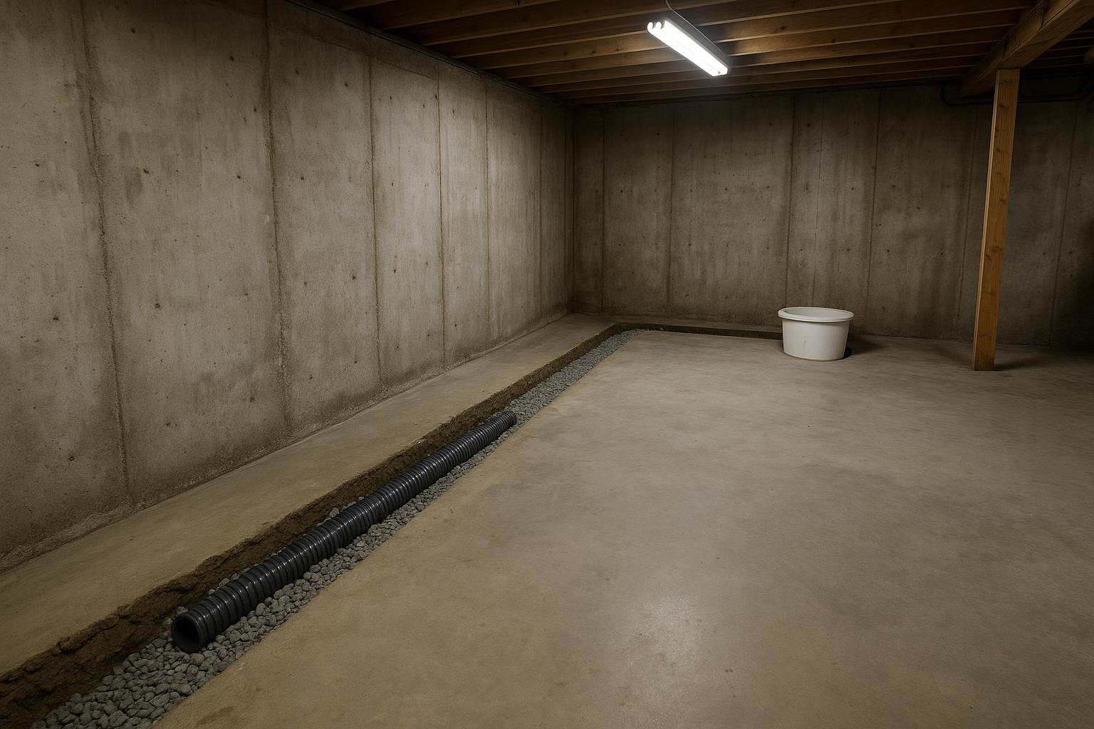 Interior basement weeping tile trench with perforated pipe and clear stone beside a sump pump basin