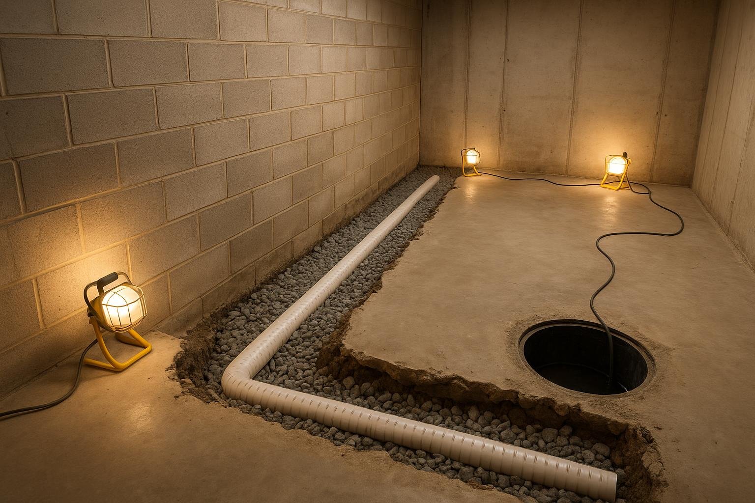 Interior basement weeping tile trench and sump basin installation in progress in an Ontario home