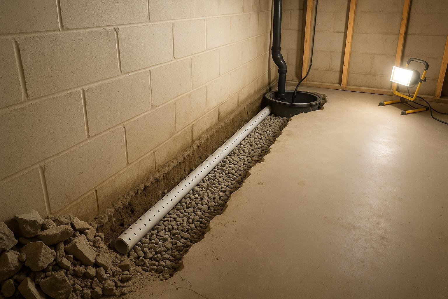 Interior basement weeping tile trench with perforated pipe in clear stone leading to a sump basin