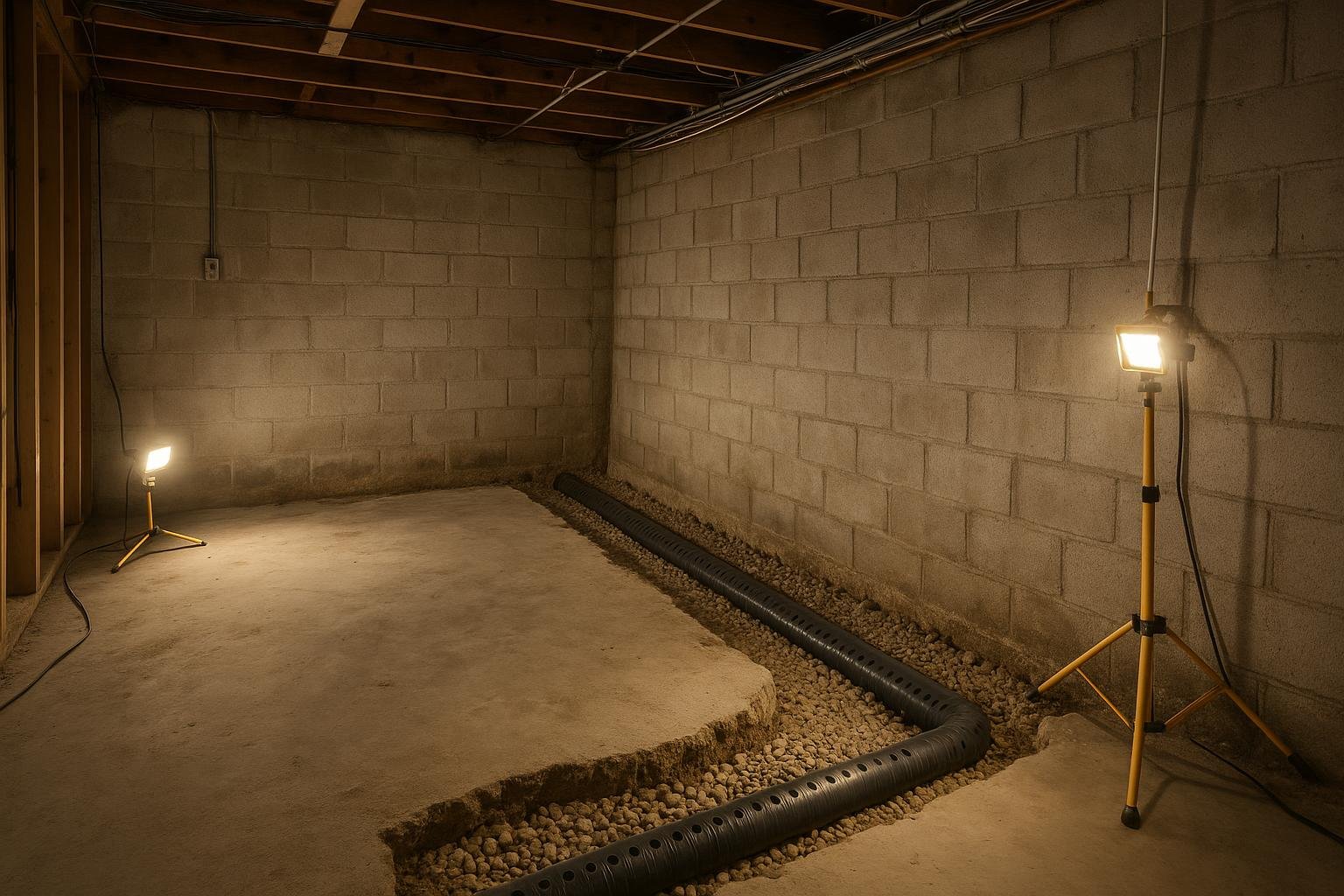 Interior weeping tile trench and sump pump basin being installed along a basement perimeter