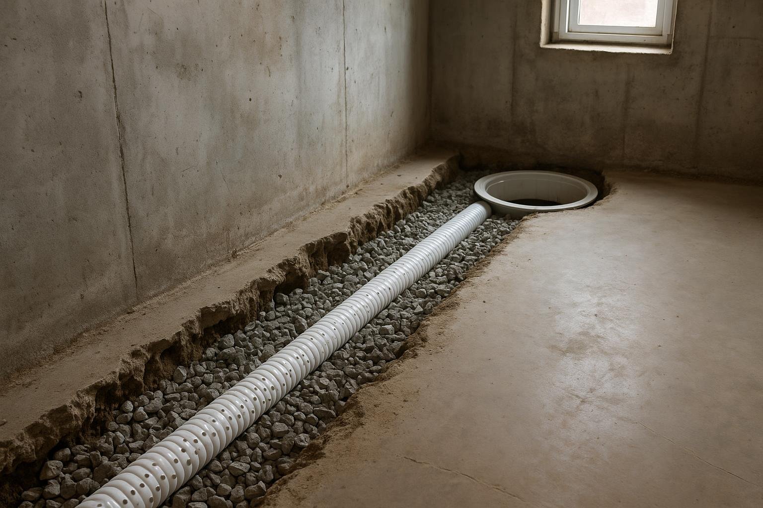 Interior basement perimeter trench with new weeping tile draining to a sump pump basin