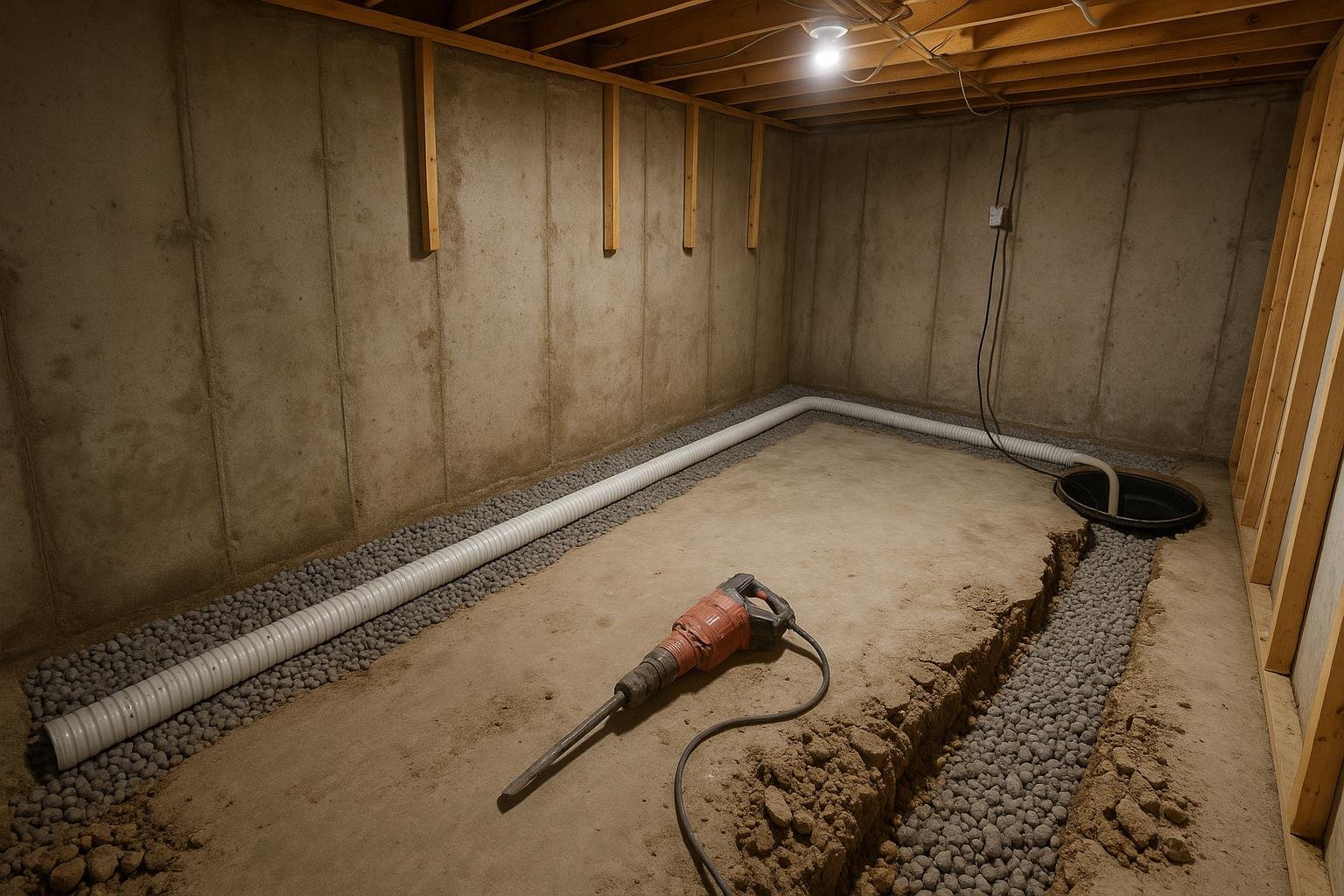 Interior weeping tile trench and sump basin installation in a Springwater Ontario basement