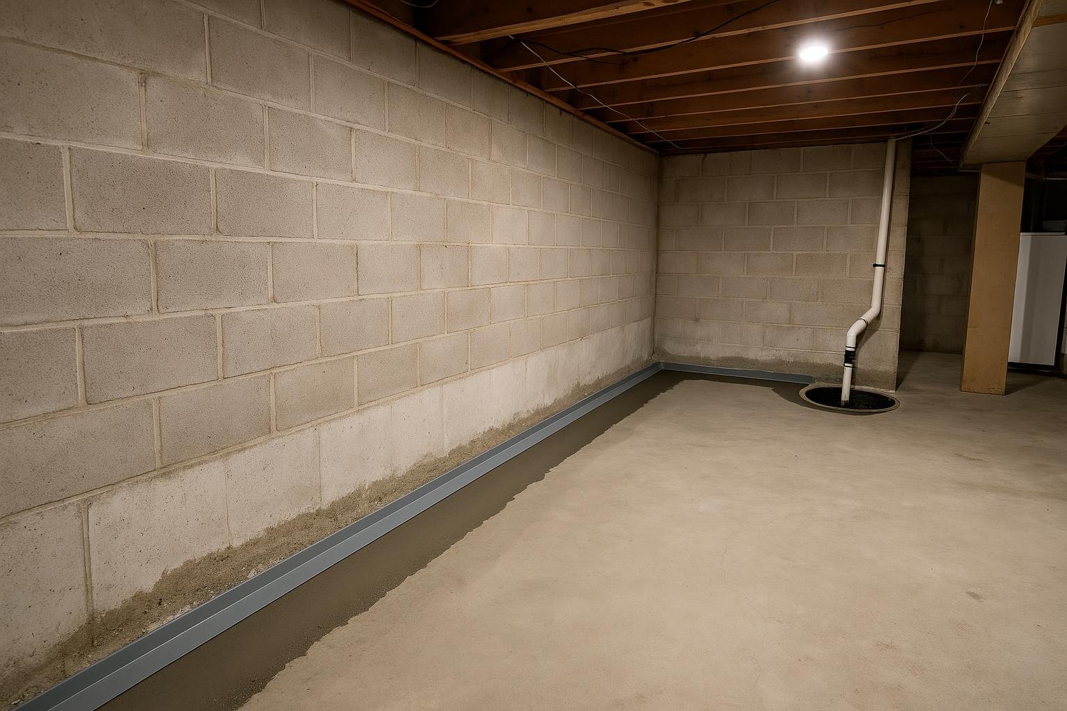 Interior weeping tile channel and sump pump pit installed in an Ontario basement