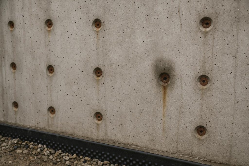 Poured concrete foundation wall with rust-stained snap tie hole showing moisture