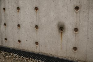 Poured concrete foundation wall with rust-stained snap tie hole showing moisture