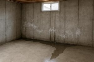 Water seeping through a poured concrete basement wall in an Alliston home showing efflorescence staining