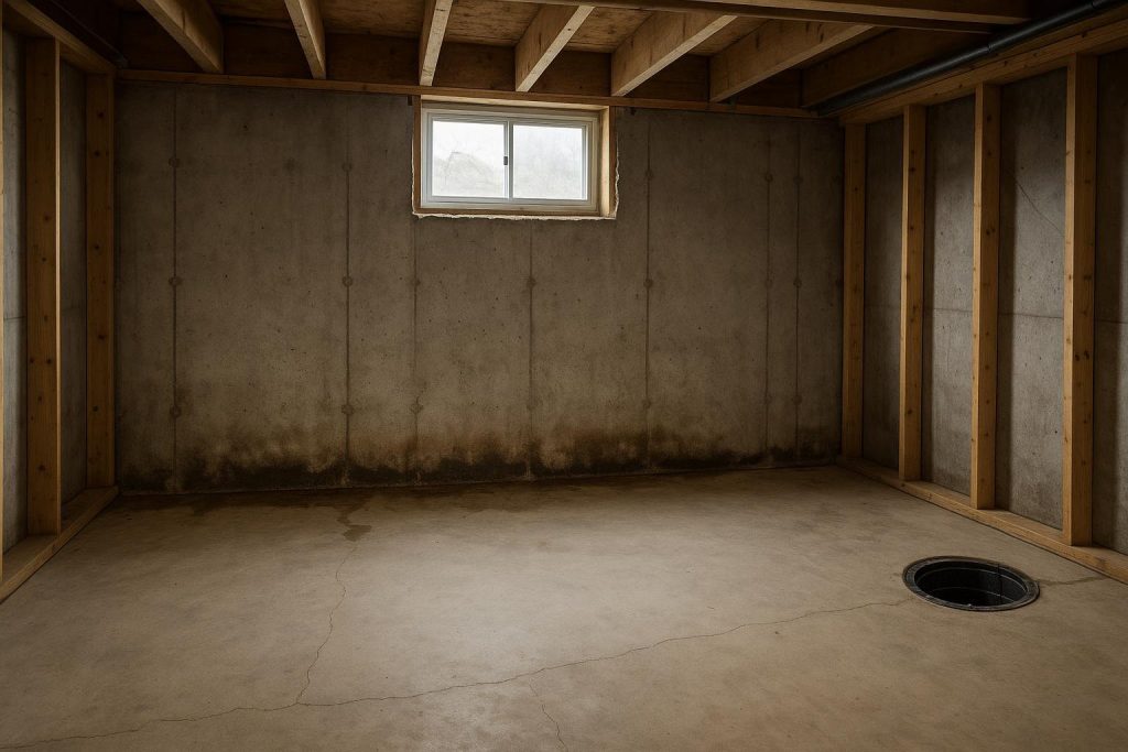 Wet poured-concrete basement wall with visible water seepage near the footing in an Innisfil home