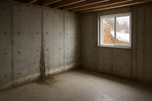 Wet poured concrete foundation wall with water seepage visible in an Oro-Medonte home basement