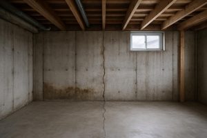 Water seeping through a poured concrete basement wall in a Tiny Township home