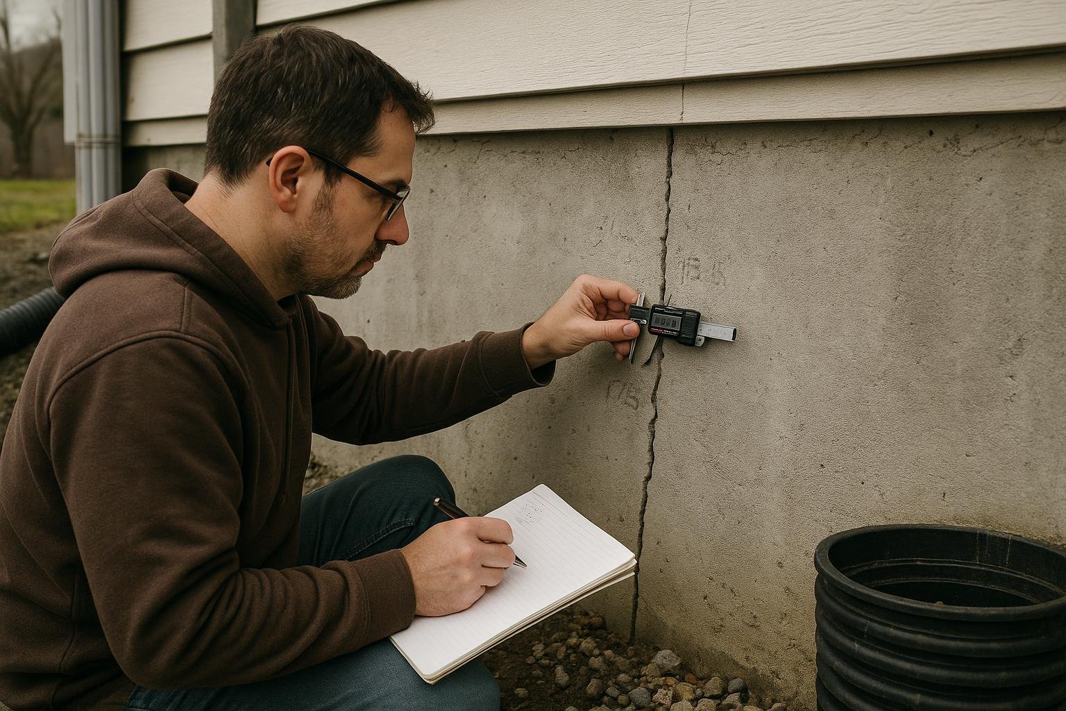 Homeowner measuring foundation crack width with caliper and recording dated measurements