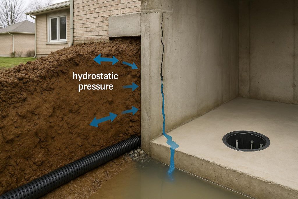 Cross-section diagram showing hydrostatic pressure from clay soil on a basement wall