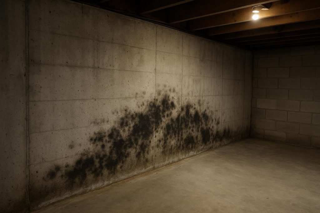 Dark mold colonies growing on a damp poured concrete basement wall in a Toronto home