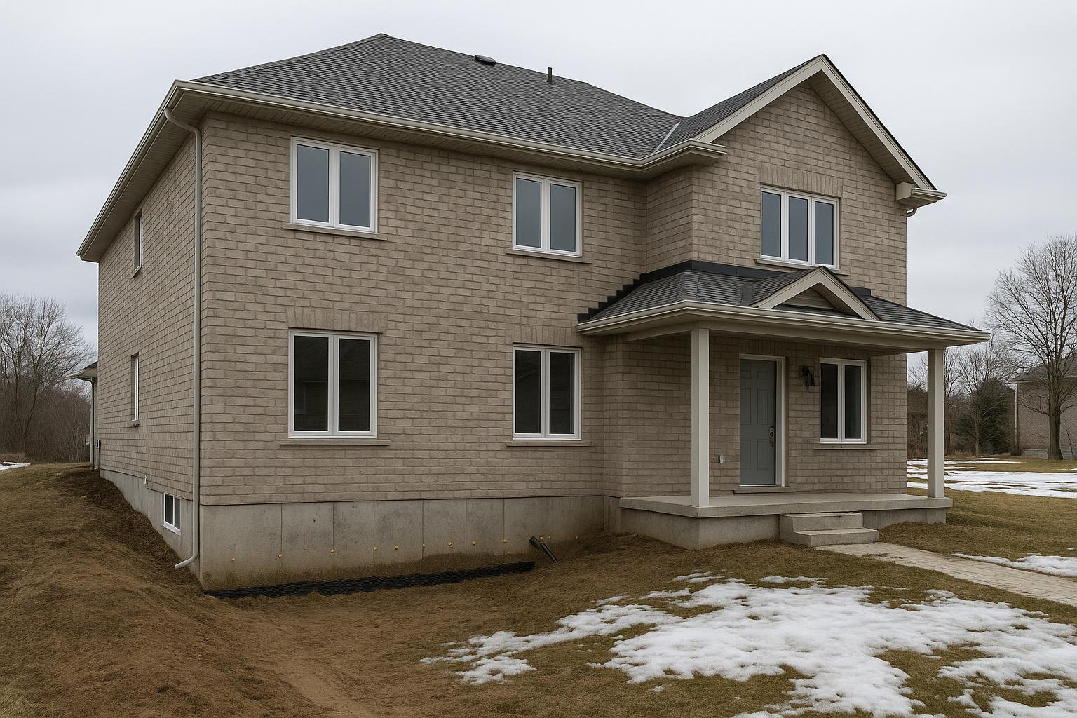 Exterior view of a residential home on the Oro Moraine with sloped grading toward the foundation