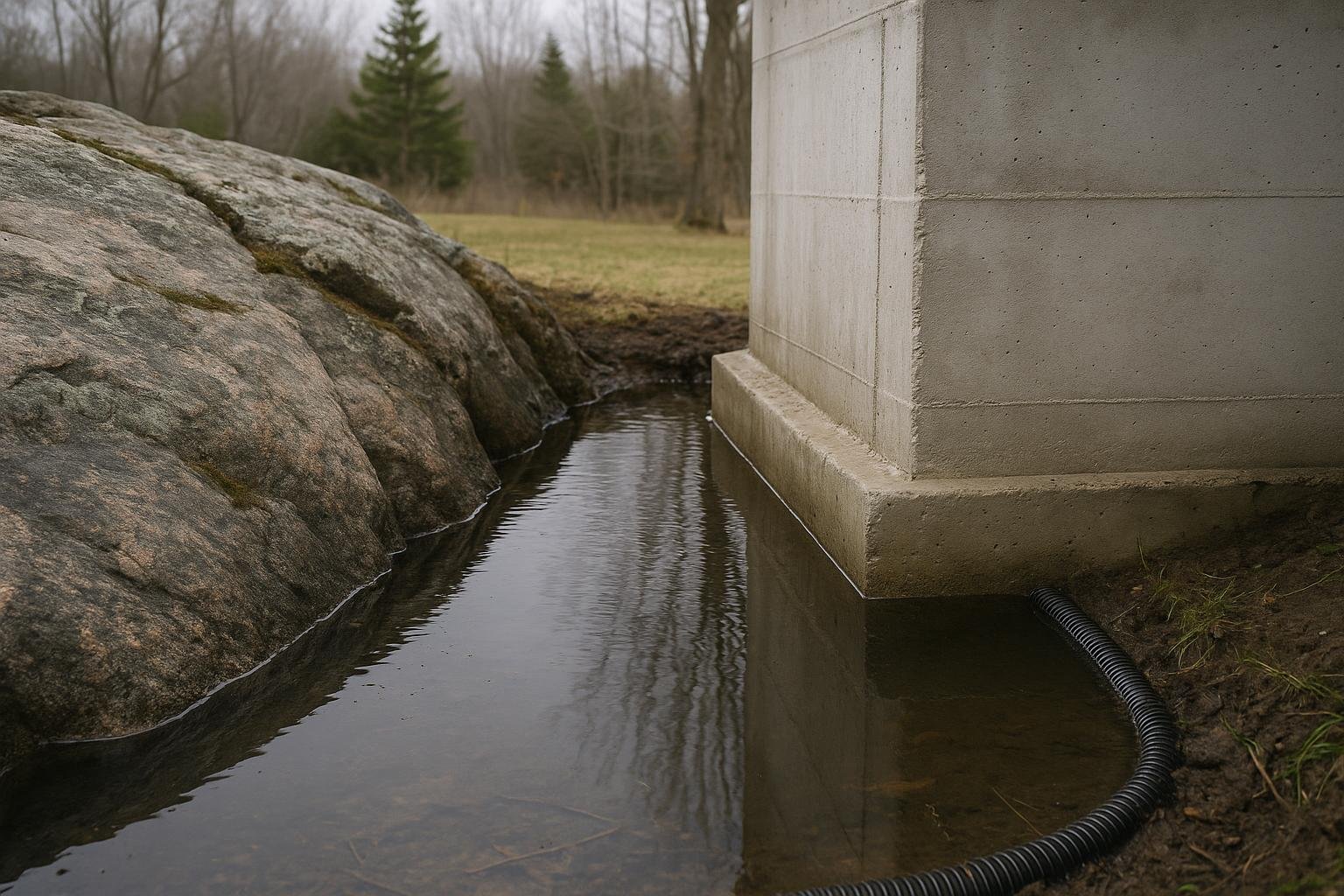 Exposed Canadian Shield granite bedrock beside a residential foundation wall in Simcoe County