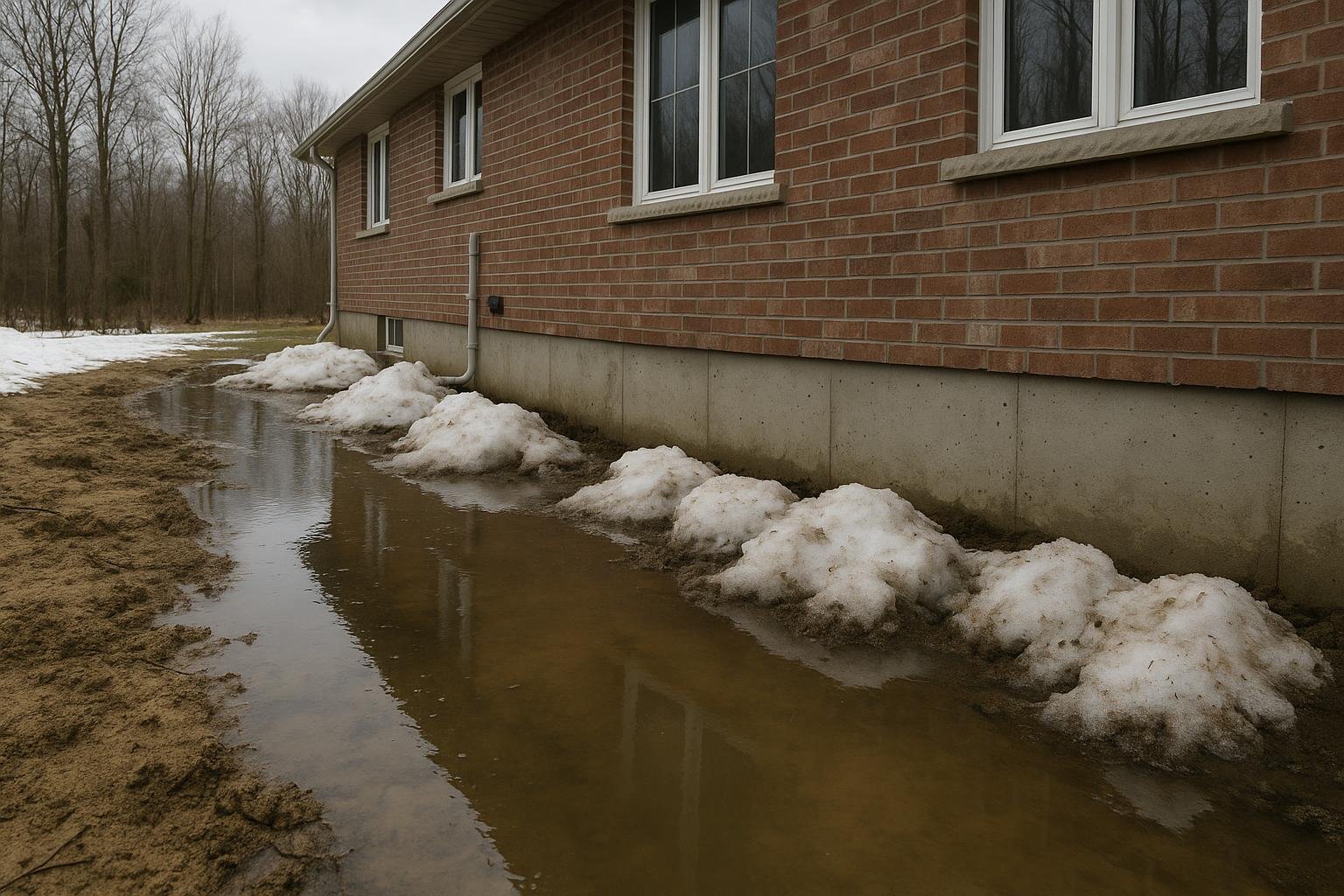 Melting snow around a rural Ontario home foundation with saturated ground and standing water near the wall